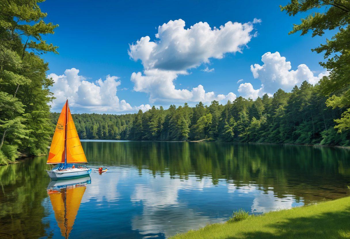 A serene lake scene with a colorful sailboat gliding smoothly across the water, surrounded by lush green forests. In the foreground, a friendly lifeguard is giving safety tips to a family preparing for a boating adventure, with life jackets and safety gear prominently displayed. A bright blue sky with fluffy clouds completes the idyllic setting. super-realistic. vibrant colors. peaceful atmosphere.