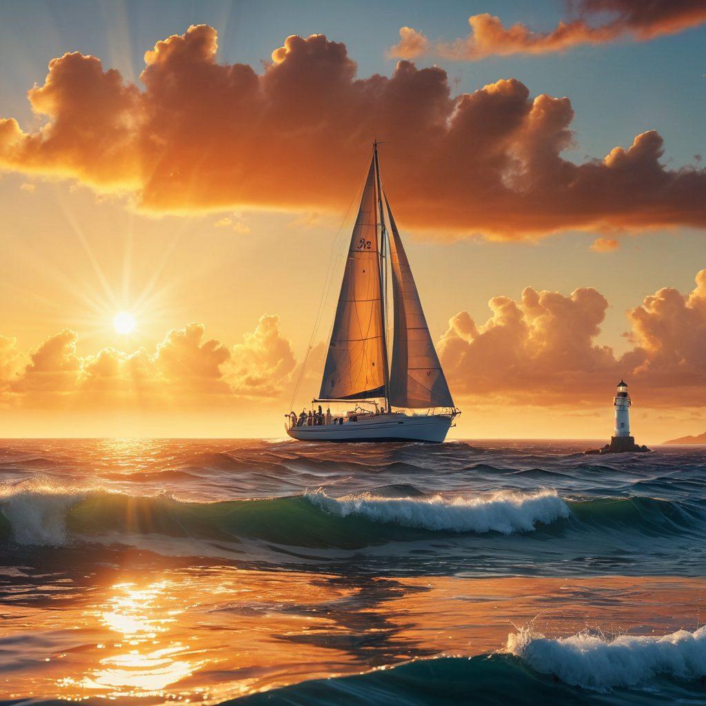 A dynamic scene featuring a sailboat navigating through calm blue waters, with a lighthouse in the background symbolizing safety. In the foreground, a diverse group of marine insurance professionals are reviewing charts and discussing strategies, while insurance documents float elegantly in the air. The sun sets on the horizon, casting a warm glow over the scene. Super-realistic. Vibrant colors. Nautical theme.