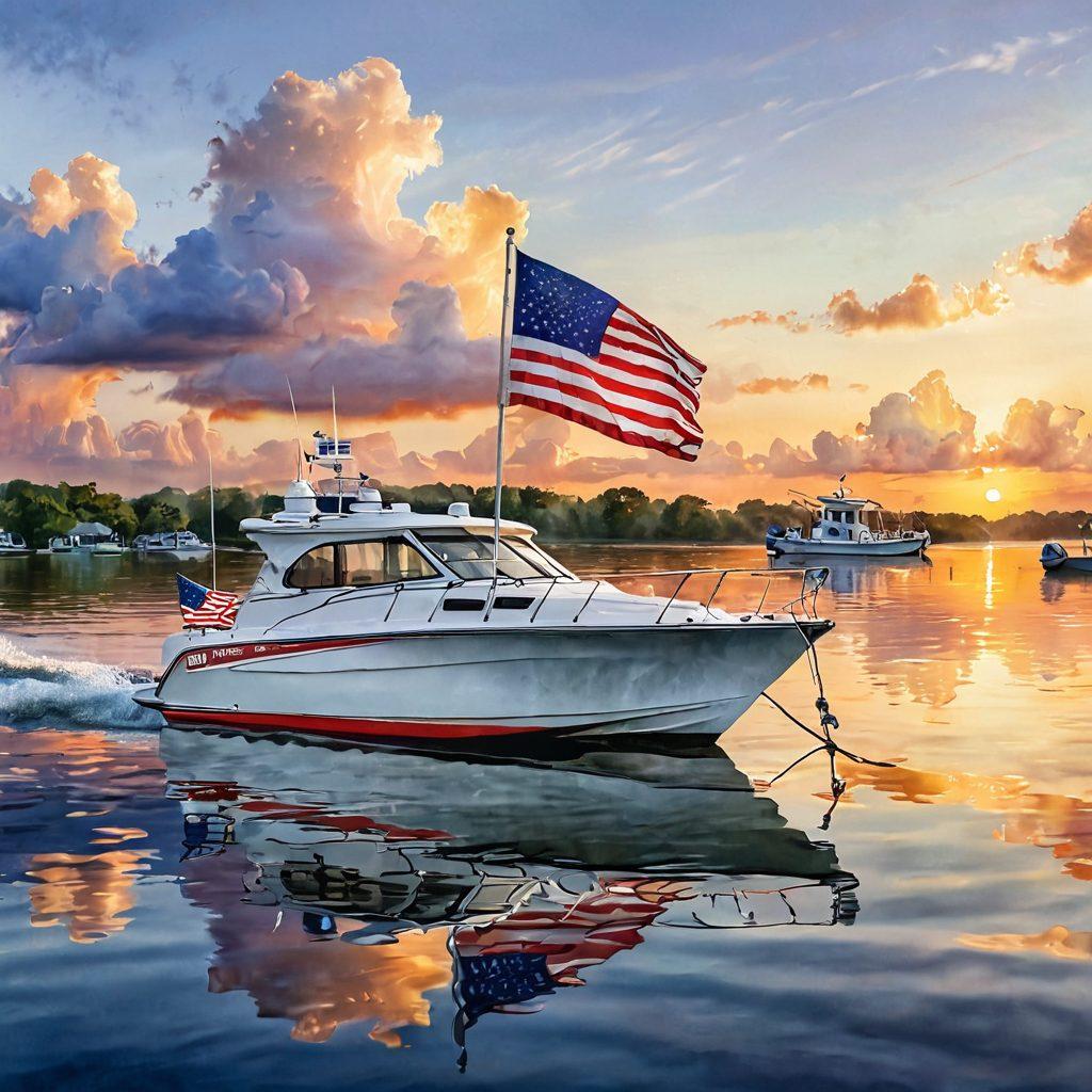 A serene scene featuring a patriotic boat on calm waters, with an American flag adorning the vessel. Surrounding the boat, small icons representing insurance elements like safety helmets, checklists, and life preservers float on the water. The sky is clear with light clouds, showcasing a warm sunset atmosphere. This scene conveys safety and preparedness, ideal for boat owners. vibrant colors. super-realistic. watercolor style.